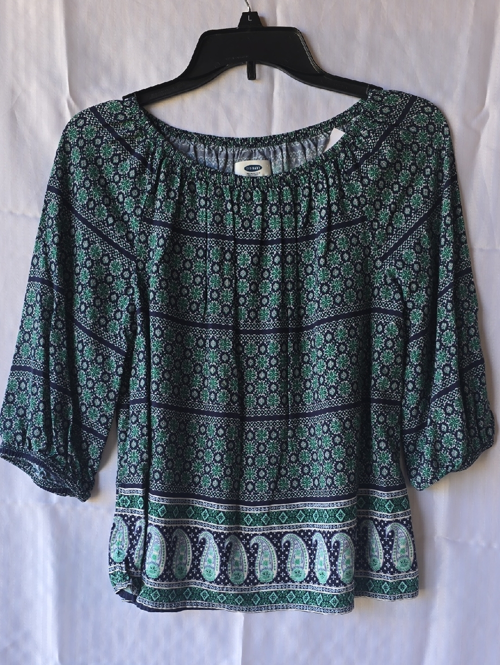 Old Navy Navy and Green Printed Peasant Blouse